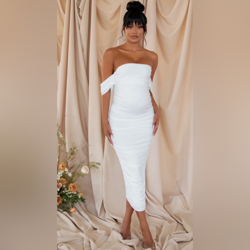 Club London white maternity bodycon ruched draped off the shoulder midi dress